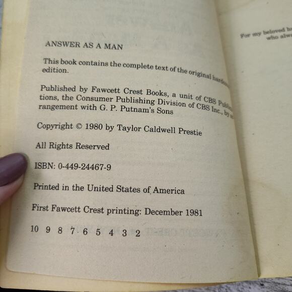 Answer As A Man by Taylor Caldwell 1981 First Fawcett Crest Printing Paperback - Picture 10 of 12